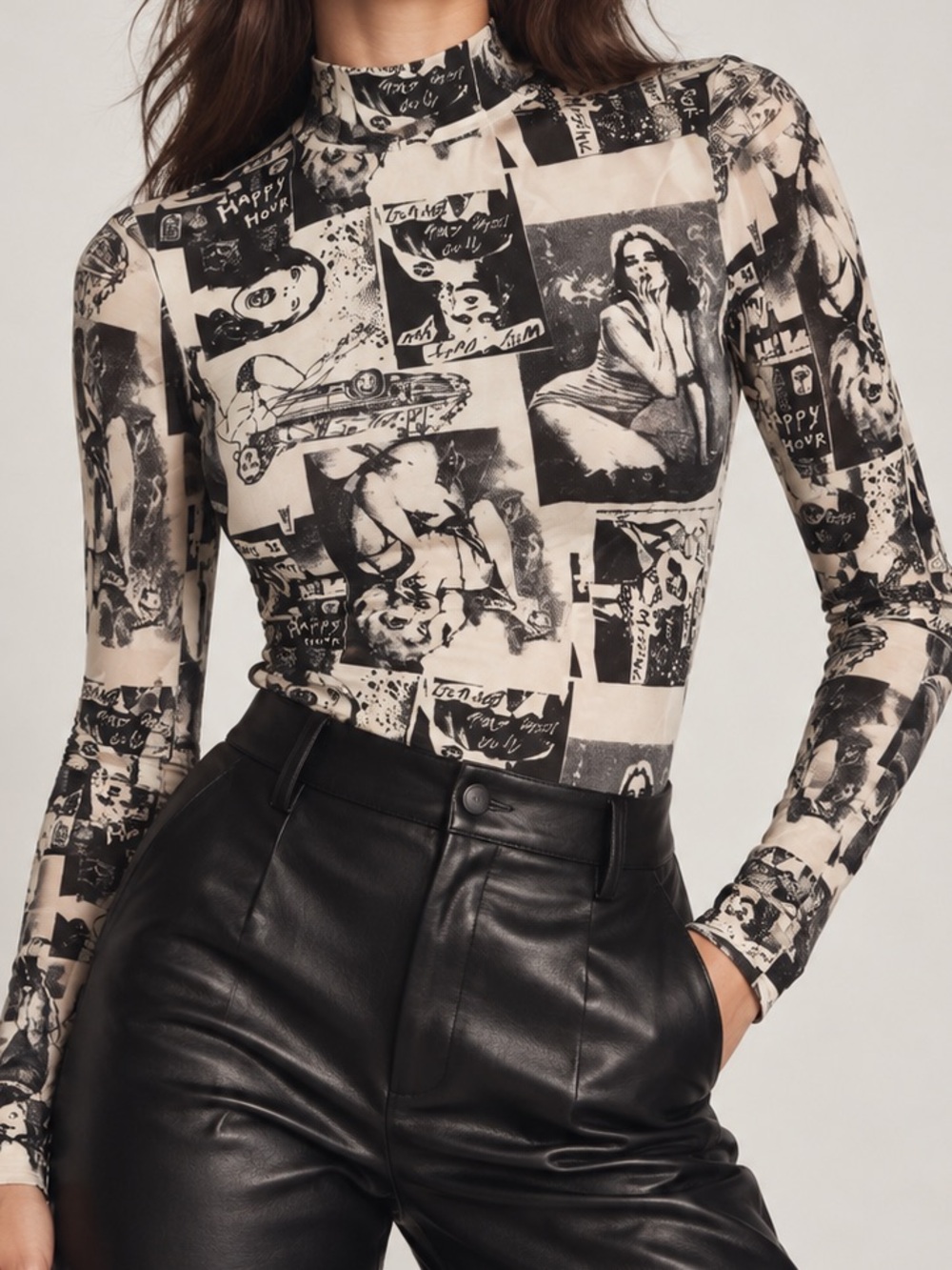 Reformation Graphic Mesh Long Sleeve Top XS Black Cream Print